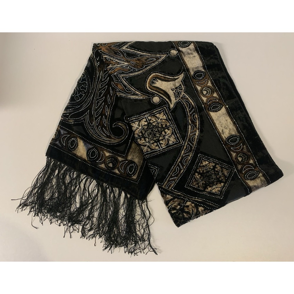 Vintage Devoré Velvet Burnout Fringe Scarf Whimsigoth Art Deco Y2K Indie Boho